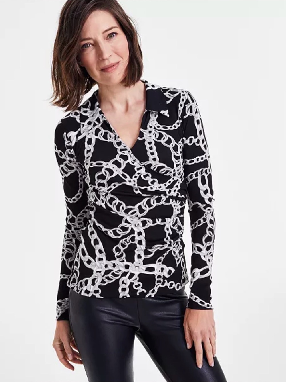 INC International Concepts Black & White Chain-Print Long-Sleeve Wrap Top